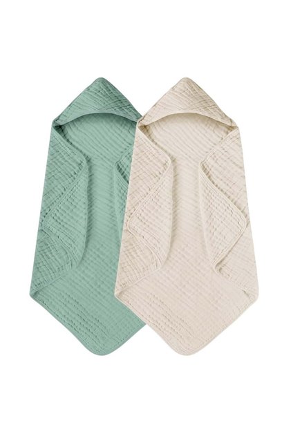2x Prosop de baie cu gluga pentru bebelusi - 80x80cm, 0-3 ani, moale, 100% bumbac, Verde cu Bej