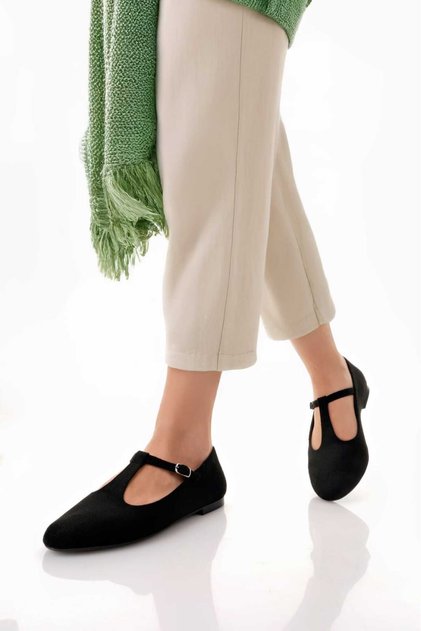Black Suede T-Strap Mary Jane Design Ballerinas
