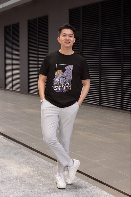 Men's from Space to Earth Transfer Printed Round Neck Short Sleeve T-Shirt