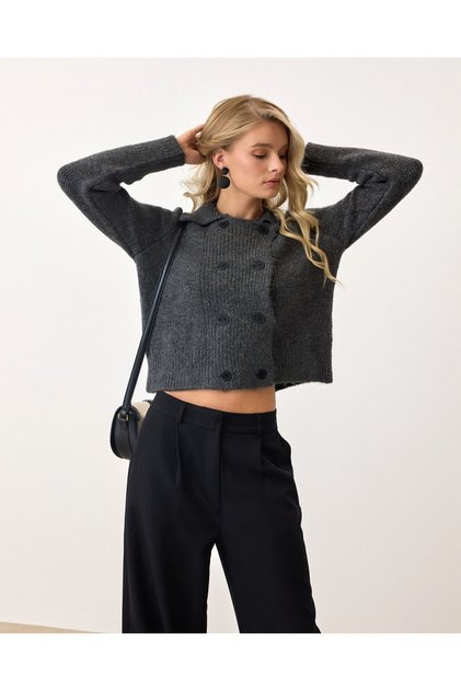 Women's Anthracite Cool Premium Knitwear Cardigan with Button Detail and Stylish Polo Collar Detail