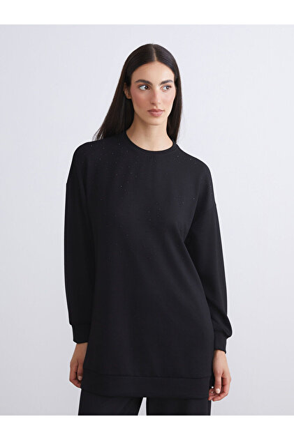 LC Waikiki LCW Modest Siyah Bisiklet Yaka Kadın Sweatshirt Tunik