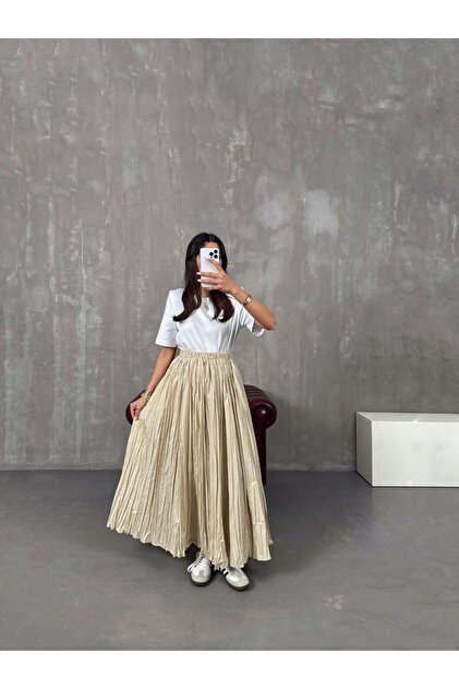 Crinkled Fabric Midi Skirt -Beige