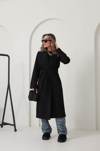 Kadın Siyah Astarlı Cepli Uzun Oversize Kaşe Kaban Kuşaklı