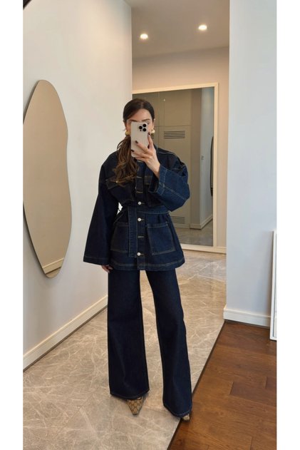 Women's Denim Navy Blue Pocket Detailed Jacket Pants Set