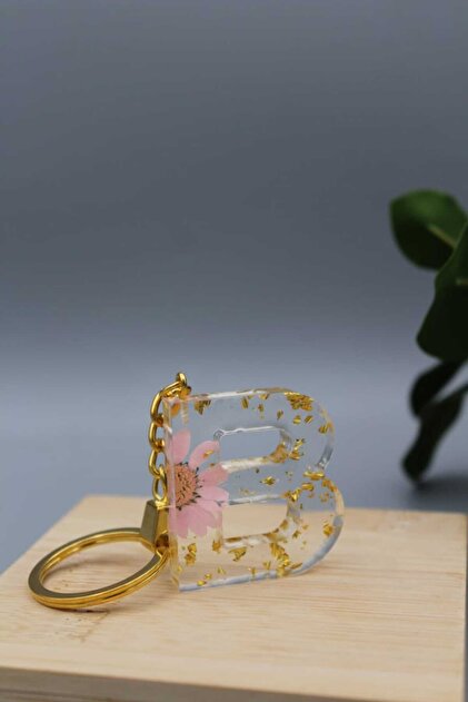 Dried Rose and Gold Leaf Letter B Keychain in Luxury Resin