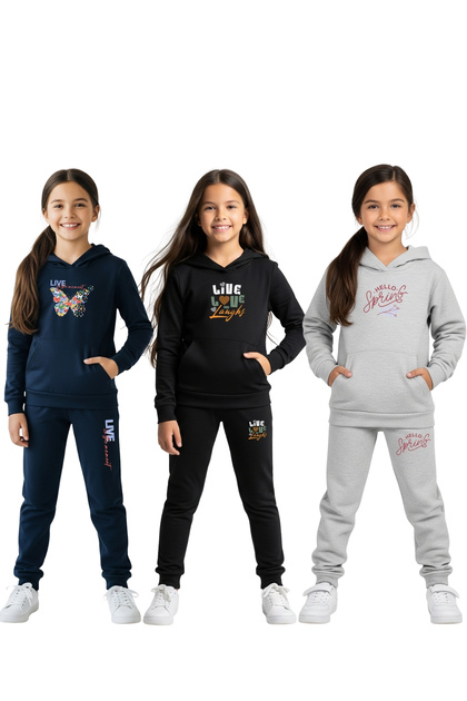 3-Piece Girls' Tracksuit Set with Hooded Kangaroo Pocket Print Detail