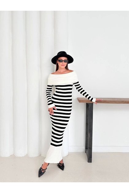 Women's Ecru Madonna Boat Neck Flexible Midi Length Knitwear Dress