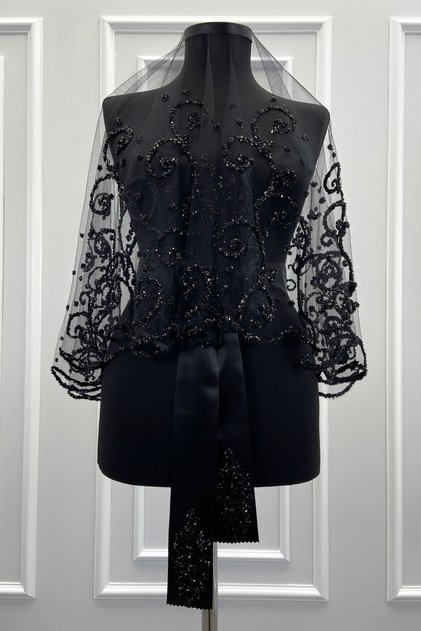 Black Bridal Veil Set, Glass Beads and Sequins Printed Henna Veil Set 6 Pieces