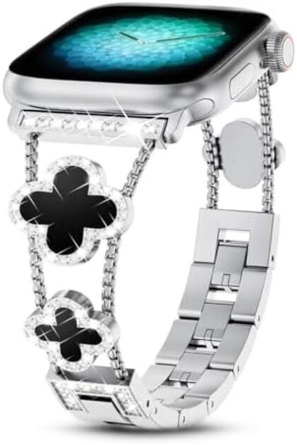 Apple Watch 38mm 40mm 41mm 42mm | Sparkle Diamond Cute 4 Leaf Clover Dressy Metal Band | Silver & Black