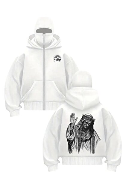 Gofeel Beyaz Unisex Kar Maskeli Baldwin Baskılı Oversize Hırka