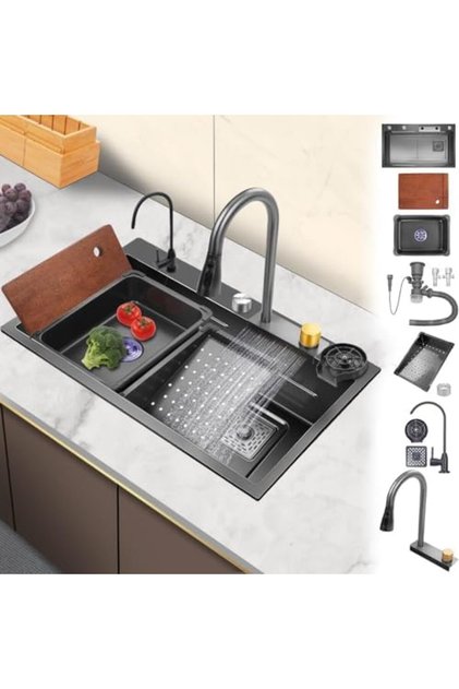 Almiftah Nano 75x45cm Modern Stainless Steel Undermount Sink with Dual Basin, Vegetable Basin, Pull-