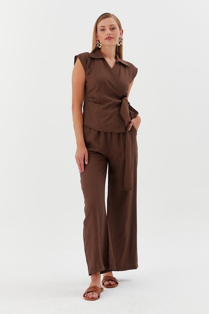 Side Tie Blouse Pants Brown