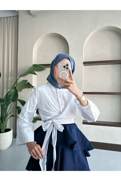 Women's Waist Tied Belted Shirt with Skirt - White
