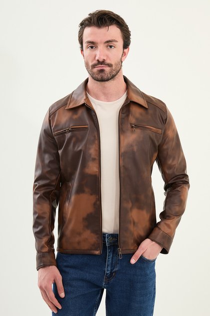 Patterned Slim Fit Shirt Collar Faux Leather Men's Coat Camel - 39647.25K