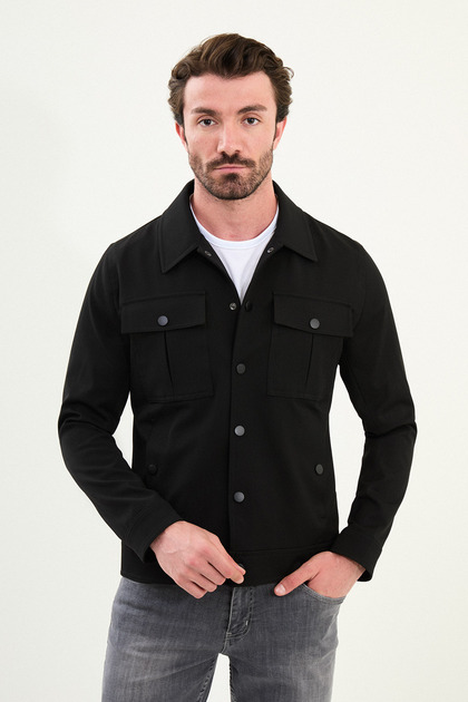 Plain Slim Fit Shirt Collar Men's Coat Black - 39657.25K