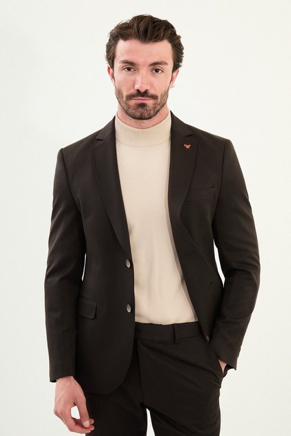 Straight Slim Fit Mono Collar Classic Wool Men's Suit Coffee - 45410.25K