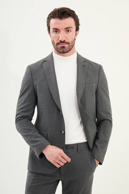 Striped Slim Fit Mono Collar Drawstring Wool Men's Suit Anthracite - 45415.25K