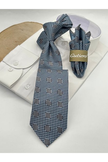 Classic Necktie with Gray Patterned Handkerchief