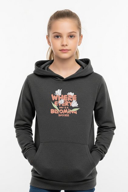 Hooded Girls' Sweatshirt with Kangaroo Pockets and Flower Print Detail