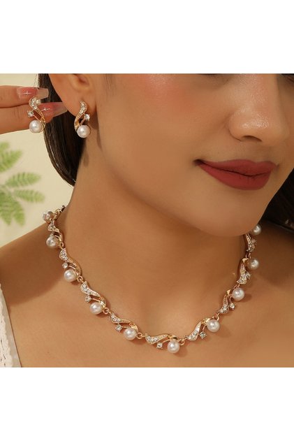 YF1112-1 1 Set Ladies Elegant Imitation Pearl S-Shape Necklace Earring Set Bridal Clavicle Chain Jew