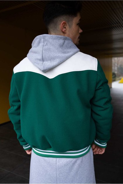 Jachetă bomber bărbătească din piele naturală și bumbac, model College – Verde și Alb