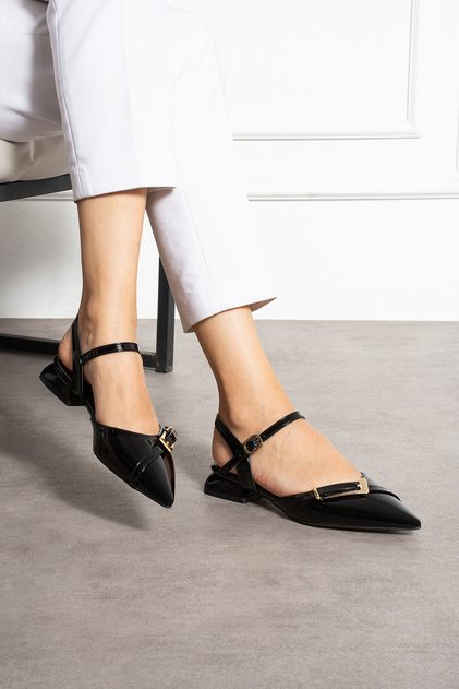 Black Patent Leather Ankle Strap Gold Buckle Pointed Toe Low Heel Women's Ballerina Shoes
