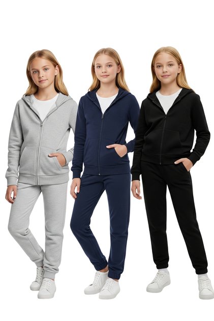 3-Piece Solid Printless Zippered Hoodie Tracksuit Set with Kangaroo Pockets for Girls