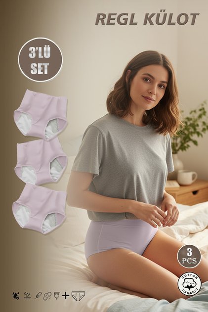3-Pack Lilac Super Absorbent Ultra Hygienic Menstrual Panties, Effective All Day and Night Leak-Proof Menstrual Panties