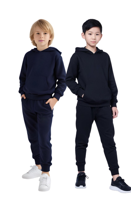 2-Piece Solid Printless Hoodie Tracksuit Set with Kangaroo Pockets for Boys