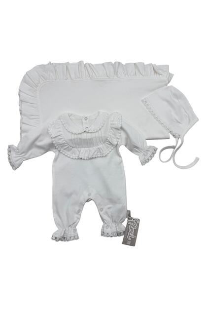 3-piece white cotton baby girl's reception set with elegant ruffles