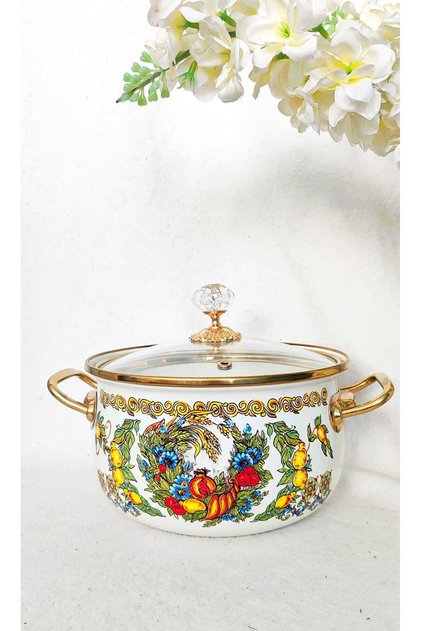 Pomegranate Lemon Enamel Lux Pot 4 Liters 22 cm Diameter Milk Yogurt Soup Jam Pot