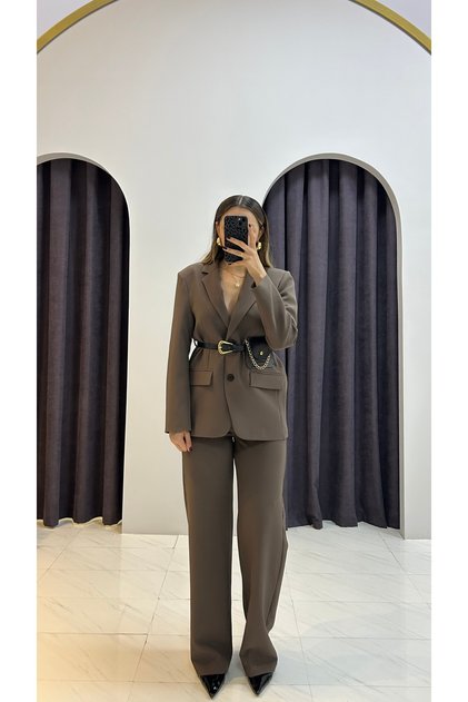 Blazer Jacket Fabric Pants Set with Belt Accessories