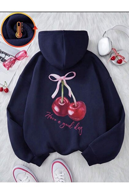Cherry Good Day Светлосиня качулка с качулка и джоб тип кенгуру, с печат на гърба