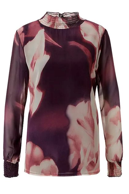Women's Plus Size Purple, Floral Print, Chiffon Fabric, Collar and Sleeve Hem Crochet Detail Blouse 65N39124