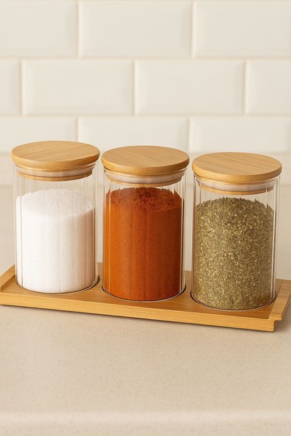 Borosilicate Glass Optical Striped Spice Jar Set with Bamboo Stand and Bamboo Lid 430 ml (Alg11520)