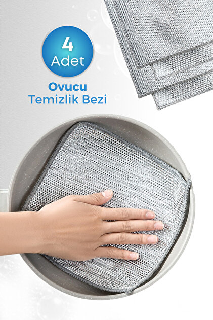 GRİMOR Life 4 Adet İnox Telli Ovucu 2 Katlı Temizlik Bezi- Çizmez
