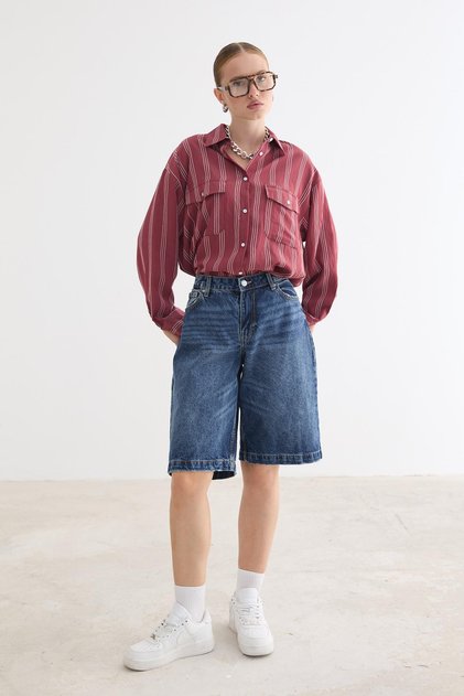 Önü Düğmeli Oversize Viskon Gömlek BORDO