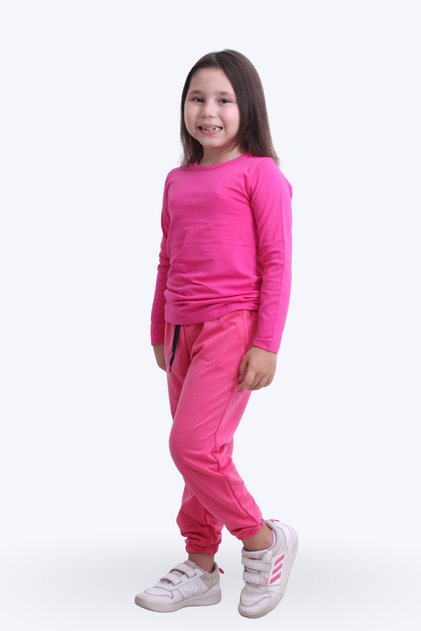 Round Neck, Solid, Printless Girl's Bottom-Up Pajama Set with Elastic Waist