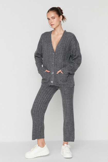 Anthracite Wide Fit Soft-Textured Knitwear Top and Bottom Set TWOAW22AU0128