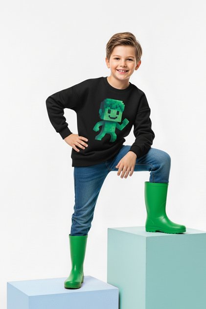 Siyah Pamuklu Baskılı Bisiklet Yaka Erkek Çocuk Kalın Şardonsuz Örme Sweatshirt TKDAW26SW00051