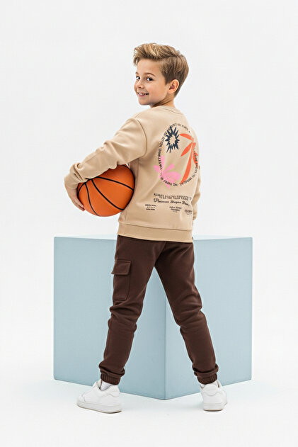 Beige Cotton Printed Thick Non-Embossed Boys' Sweatshirt and Sweatpants Set Tkdaw26Au00047