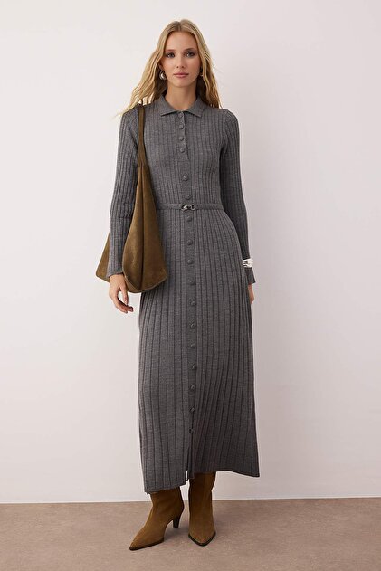 Anthracite Metal Belt Detail Rib Knit Dress TCTAW26EB00014