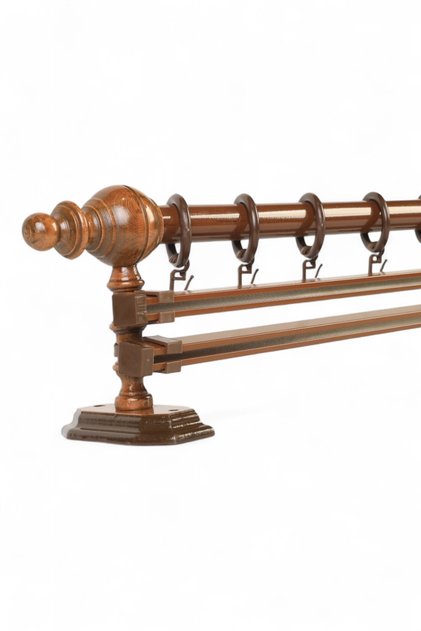 Ceviz Çift Raylı Ahşap Rustik Perde Askısı - 225 Cm
