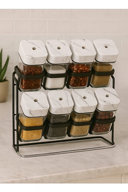Stylish spice jar set with lid and metal holder to organize your kitchen with a modern touch