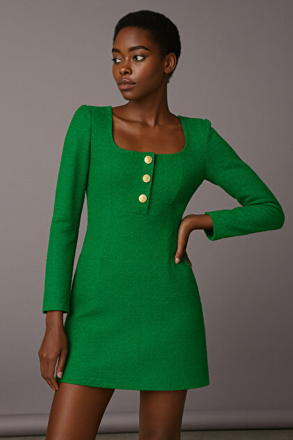 Noi Belis Green Tweed Mini Size Button Detail Woven Dress Aw25El0013-  Trendyol