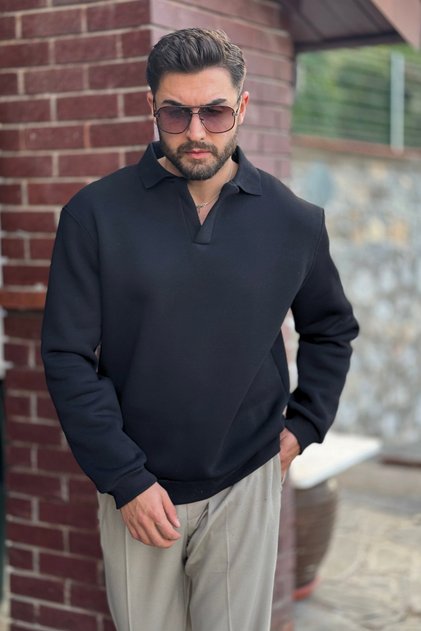 Erkek Siyah Polo Yakalı Pamuklu Yumuşak Kalın Kumaşlı Oversize Sweatshirt