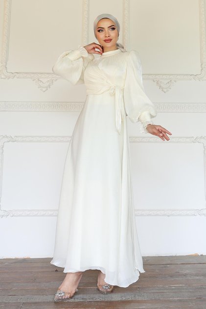 Rochie de seară Yoryo din mătase hijab cu detaliu de manșetă cu legare laterală ECRU 1241