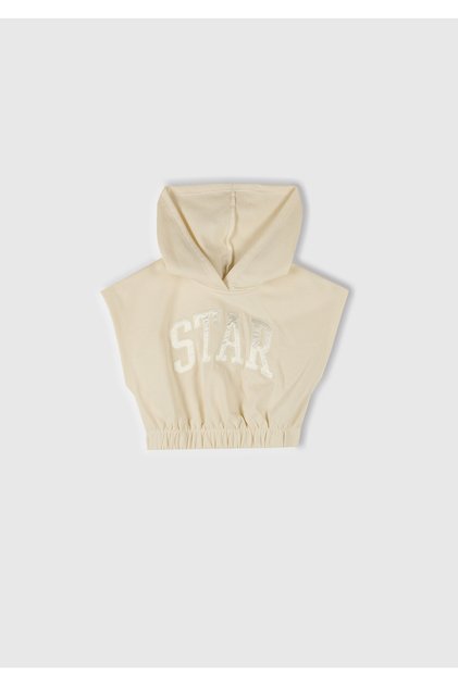 Girl's Ecru Sleeveless Hooded Sweatshirt with Appliqué on the Front and Embroidery Detail