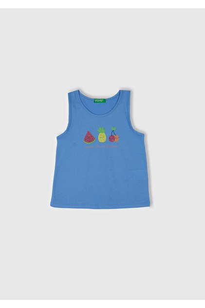 Girl's Blue Glitter Benetton Logo Printed Undershirt