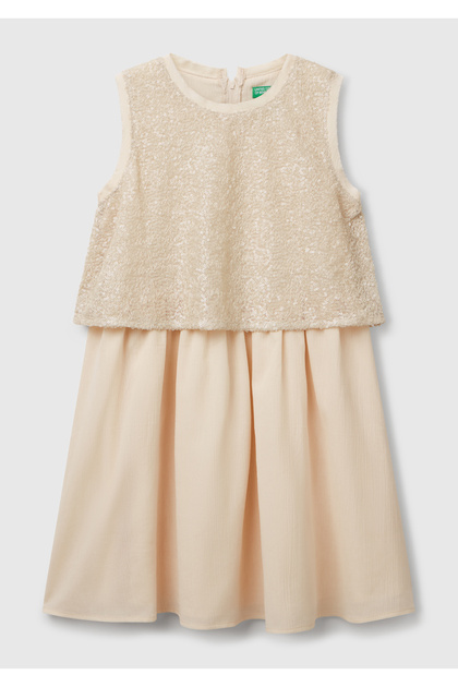 Girl's Ecru Top Sequined Fabric Lined Pleated Tulle Skirt Sleeveless Dress